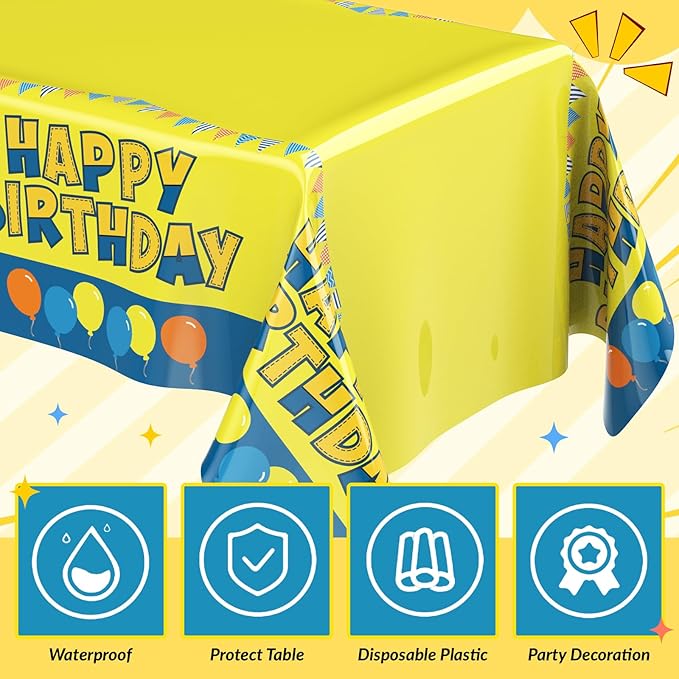 Oudain 2 Sheets Yellow Birthday Party Supplies Yellow Cartoon Tablecloth 54 x 108 Inch Plastic Table Covers for Birthday Party Decorations