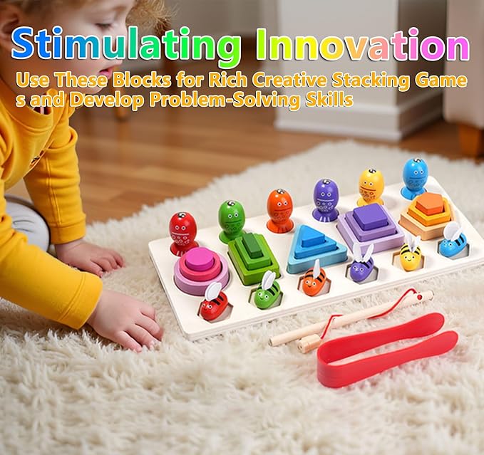 Wooden Montessori Toys for 3 Year Old，Shape Sorter Stacking Games, Fishing Games Preschool Learning Educational Toys for Boys Girls Toddlers (Little Bee)
