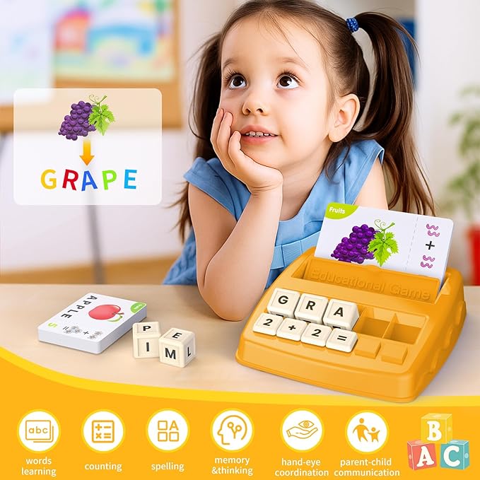 Educational Toys for Kids Ages 3-8, Matching Letter Spelling Game ABC Math Learning, Xmas Birthday Party Gifts for 3 4 5 6 7 8 Year Olds Boys and Girls Yellow