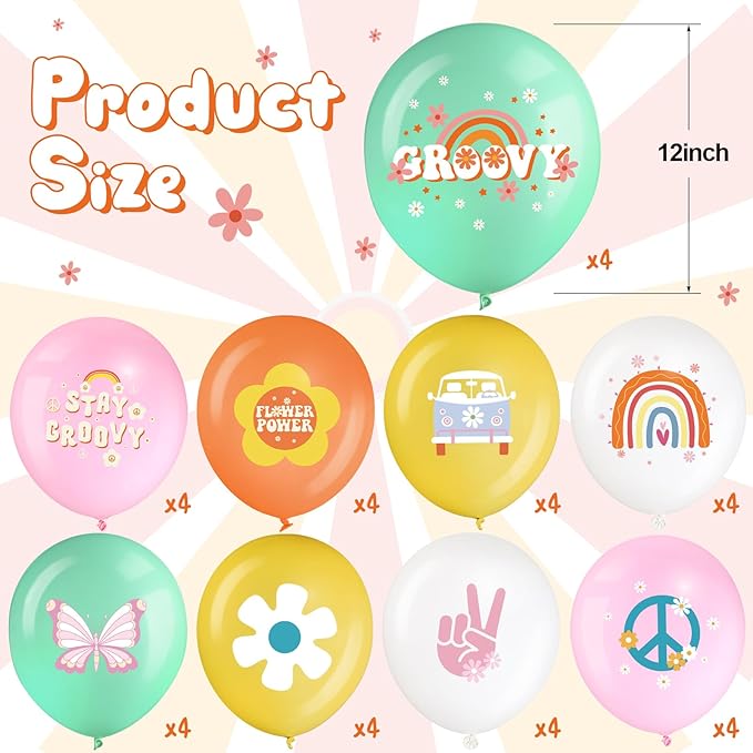 Hiboom 72 Pcs Groovy Retro Hippie Balloons Boho Peace Party Decor 12 Inch Rainbow Daisy Flower Butterfly Peace Sign Latex Balloons for Kids Girls Two Groovy Birthday Party Decoration Supply(Fresh)