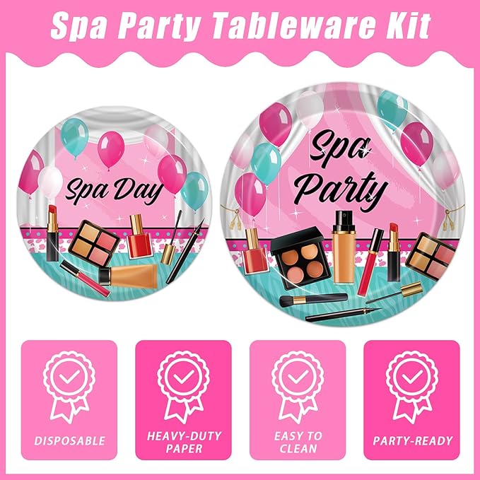 96 Pcs Spa Party Plates and Napkins Set, Spa Day Makeup Party Supplies Decorations for Girls Kids Princess Sweet Pink Make up Theme Birthday Party Tableware Kit, Serves 24
