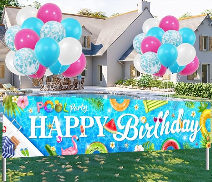 Pool Party Banner Decorations Colorful Happy Birthday Pool Banner Background Summer Themed Hawaiian Outdoor Party Decor with 30 Balloons Birthday Yard Decor Baby Shower Supplies - 9.8×1.9ft