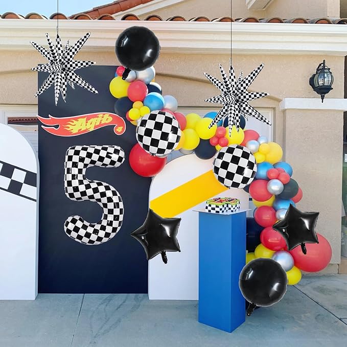 TONIFUL 40 Inch Checkered 5th Birthday Balloons Set Number 5 Race Car Black White Checkered Round Explosion Star Balloons Boys Race Car Themed Birthday Party Decoraction