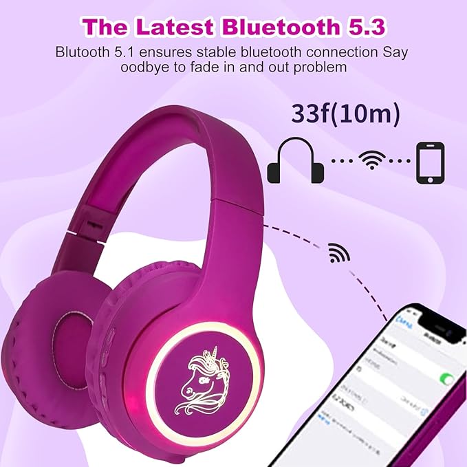 Unicorn Kids Headphones, Unicorn Bluetooth Headphones Foldable for Girls Boys Toddlers Tablet School Travel,Light Up Kids Wireless Headphone Birthday Gifts (Voilet)
