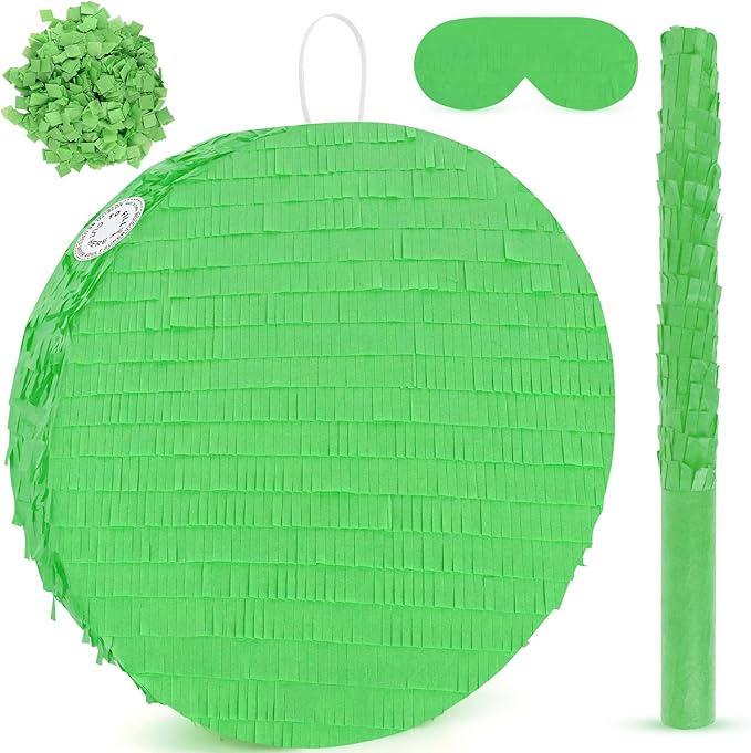 Green Round Pinata with Stick Blindfold and Confetti DIY Blank Pinata for Boys Kids Birthday Party Supplies Carnivals Halloween Christmas Decorations