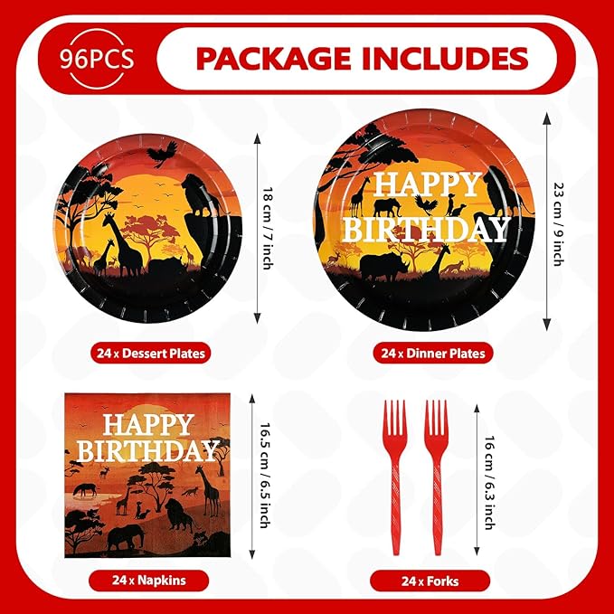 96Pcs African Safari Birthday Party Decorations Savanna Sunset View Plates and Napkins African Forest Jungle animals Scenic Tableware Set for Safari Theme Birthday Party Favors，Serves 24