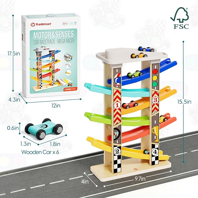 TOP Bright Wooden Race Track Car Ramp Toys for Toddlers 1-3 Years Old with 6 Mini Cars, 1 Car Garage & Extra Bridges, Toddler Montessori Toys for 1 Year Old Boys Girls Birthday