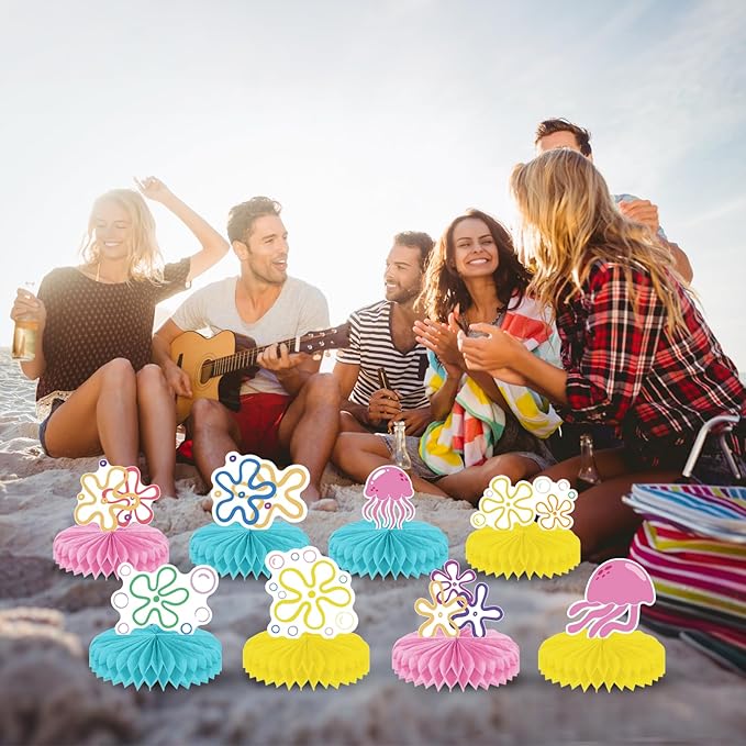 Yellow Cartoon 3D Honeycomb Centerpieces Bikini Flower Jellyfish Table Centerpieces Under the Sea Bubble Table Toppers with 9 Designs for Ocean Theme Birthday Party Baby Shower Wedding Decorations