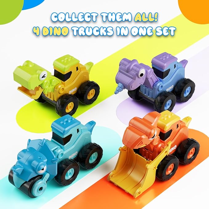 Construction Toys for 2 3 4 5 Year Old Boy Kids Toddlers, Press and Go Dino Truck Construction Vehicle Toys Sandbox Excavator Toys Boy Birthday Gifts