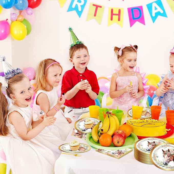 Horse Birthday Party Supplies Tableware - 96 Pcs Golden Horse Themed Plates and Napkins Sets with Forks, Cowgirl Birthday Party Decorations, Western Baby Shower Disposable Dinnerware, Serves 24