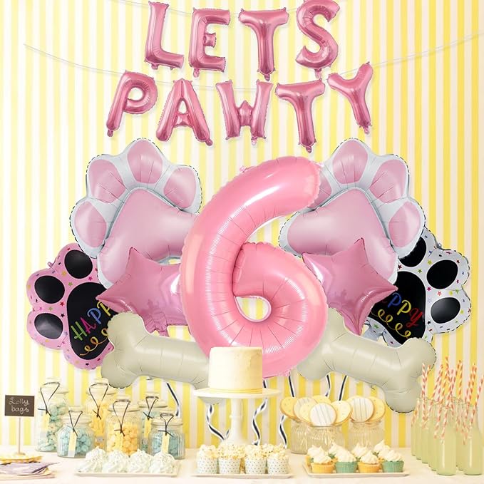 6th Dog Balloons 18pcs Lets Pawty Balloons Dog Paw Birthday Decor Pink 32 inch Pink Number Balloons 6 Mylar Foil Balloons for Lets Pawty Birthday Decorations Dog 6th Birthday Party Supplies