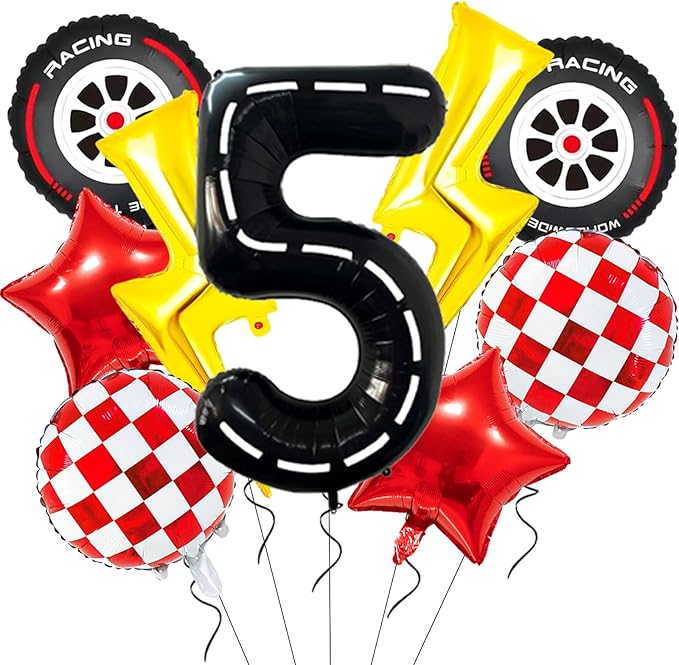 Race Car Birthday Party Decorations Large Lightning Bolt Foil Balloons Race Car Balloons 40 Inch Racetrack Number 5 Balloon for Boys 5th Race Car Birthday Party Decor Supplies