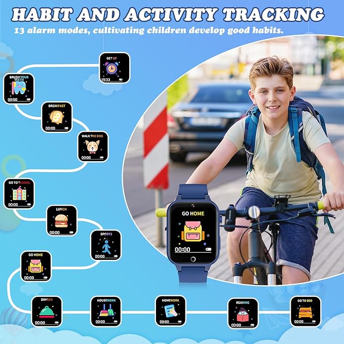 Kids Smart Watch with Camera, Video, Music Player, Alarm Clock, Stopwatch, Calendar, Pedometer, 1.54'' HD Touchscreen, Shockproof, IP68 Waterproof for Girls Boys 6-12 Years Old (Blue)