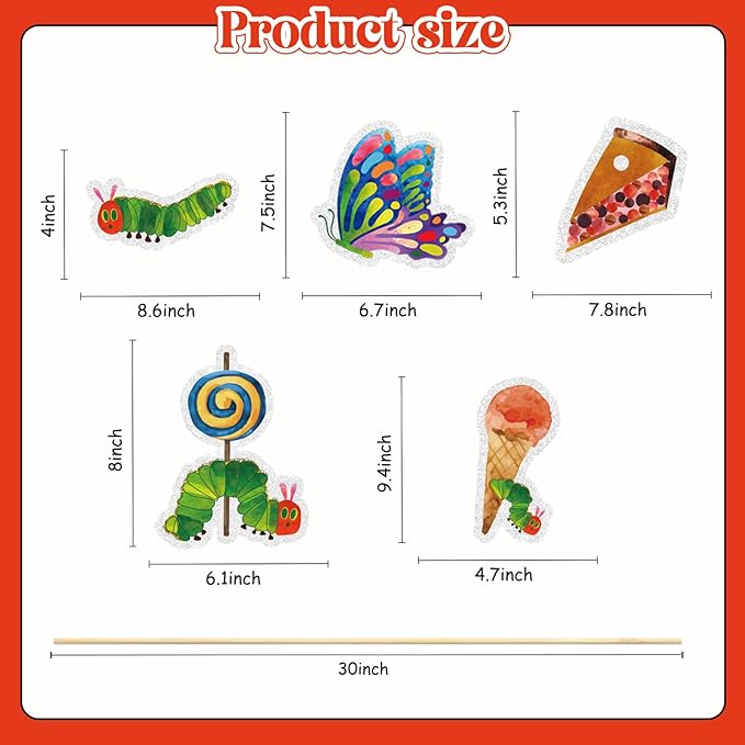 15PCS Hungry Caterpillar Party Decorations,Reading Story Theme Centerpieces Decorations Stick Table Toppers For Fairy Tales Birthday Party Baby Shower Party Supplies