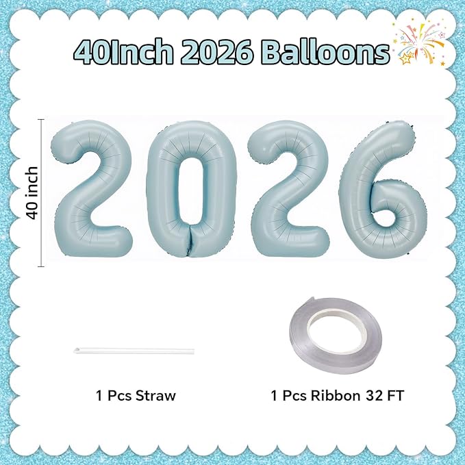 KALOR 42 Inch 2026 Pastel Blue Foil Mylar Number Balloons, 2026 New Years Decorations for 2026 Happy New Year Eve and Graduations Party Supplies