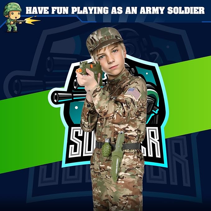 GIFTINBOX Army Costume for Kids, Boys Kids 11-12yrs, 13PCS Military Dress Up Role Play Set with Accessories, Green Camo, X-Large