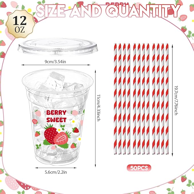 50 Pcs Strawberry Plastic Cups with Lids and Straws, 12 oz Strawberry Disposable Party Drinking Cups for Summer Spring Party Birthday Baby Shower Supplies