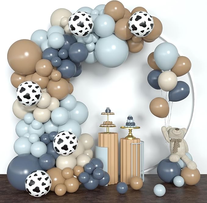 Amandir 153pcs Cowboy Balloon Arch Garland Kit, Different Sizes 18 12 10 5inch Dusty Blue Brown Sand White Cow Print Balloons for Cowboy Shower Rodeo Farm Western Theme Birthday Party Decoration