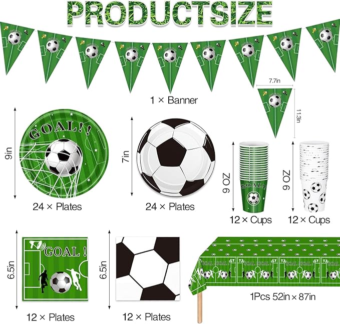 Soccer Party Decorations 98Pcs Soccer Birthday Party Decorations Suppiles Set Include Dinner Plates, Dessert Plates, Napkins, Cups, Banner and Tablecloth Soccer Theme Party Favors Kit