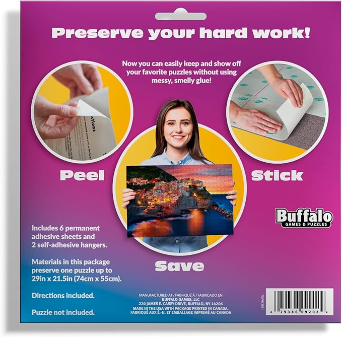 Puzzle Presto Peel & Stick Saver: The Original and Still the Best Way to Preserve Your Finished Puzzle! - 6 Adhesive Sheets and 2 Adhesive Hangers