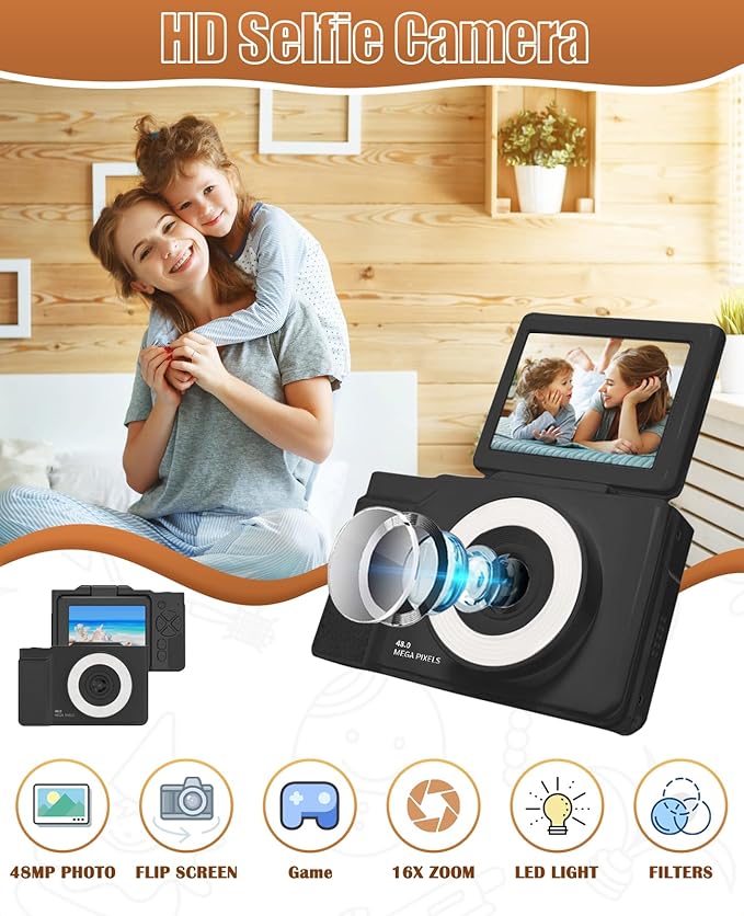 Kids Digital Camera Flip Screen,48MP,1080P HD Selfie Kids Camera,with 16x Zoom Anti Shake,with 32GB TF Card,Durable Compact Camera for Boys Girls Kids