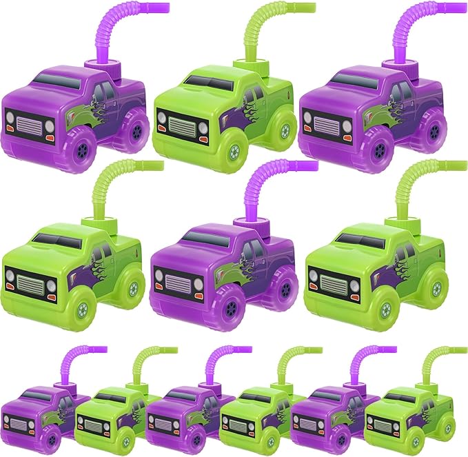 Tanlade 12 Set Green and Purple Monster Truck Road Cups with Straws, Plastic Vehicle off Road Drink Cup Reusable Truck Cups Bulk Race Car Birthday Party Favor Supplies for Racing Party Supplies