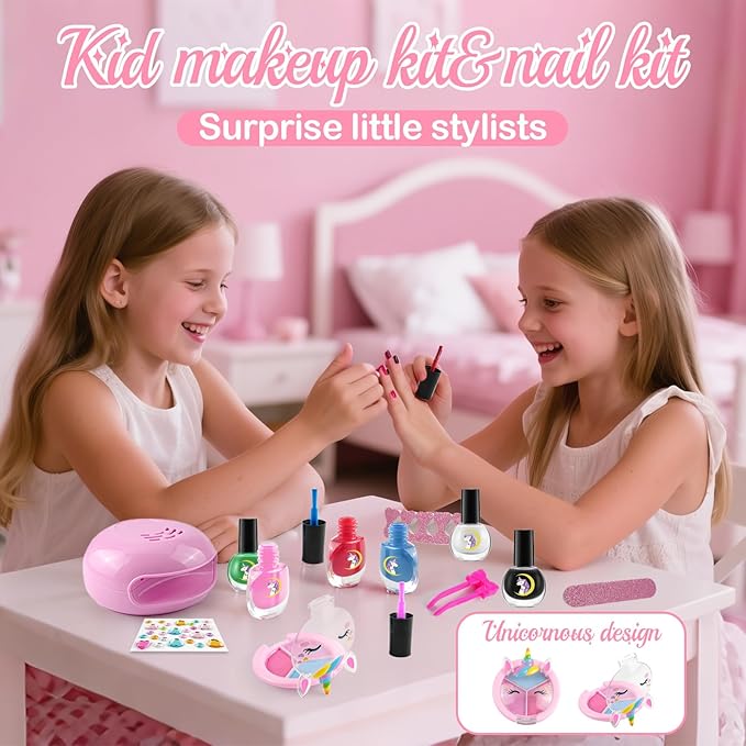 Kids Washable Makeup Kit& Nail Polish Kit for Girl, Kids Play Makeup Set Nail Art Princess Make Up Pretend Play Christmas Birthday Gift for Girls 3 4 5 6 7 8 9 10 11 12 Year Old