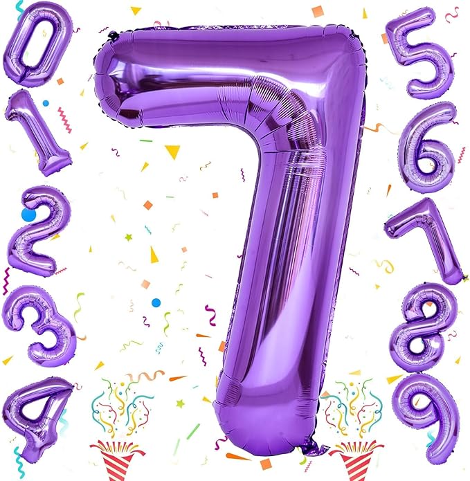 7th Birthday Number Balloon for Girls, 40 Inch Giant Mylar Purple 7 Balloon, Helium Self Inflating 7 Number Foil Balloon for Kids Birthday Party Decor Anniversary Graduation Party Decorations Supplies