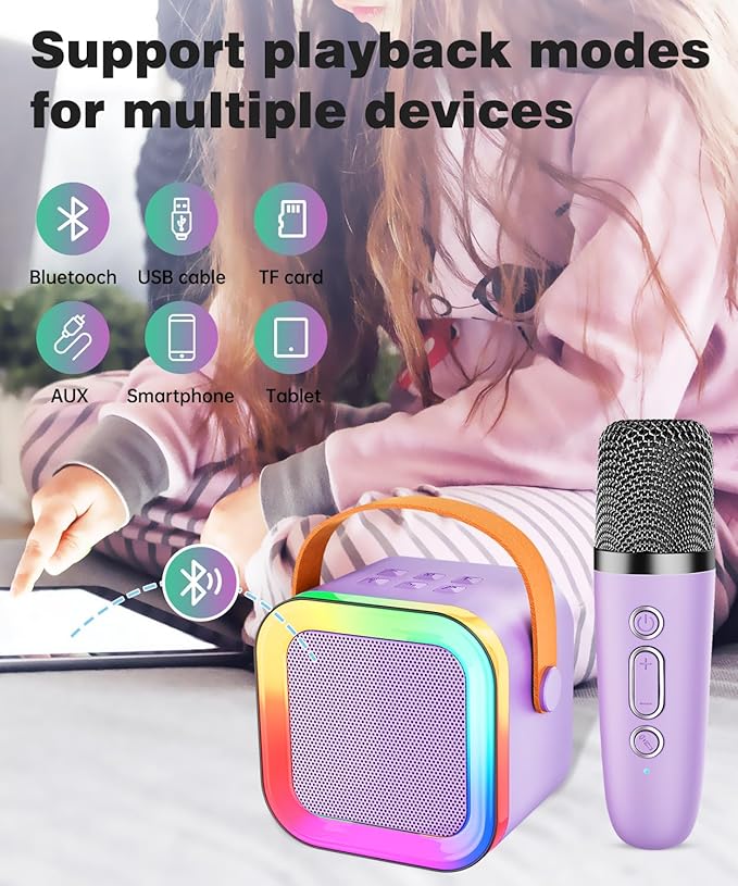 Mini Karaoke Machine Speaker for Kids Adults,Portable Bluetooth with 1-2 Wireless Microphones,Christmas Birthday Gifts Toys Girls Boys Ages 4, 5, 6,7, 8,9,10,11,12+ Years Old Toddler (Purple - 1 Mic)