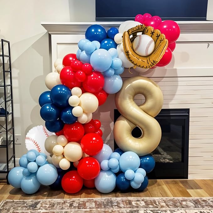 Baseball Balloons, Navy Blue Red Nude Latex Balloons with Baseball Gloves Foil Balloon for Boys Baseball Themed Birthday Party Decorations Graduation Baby Shower Sport Theme Party Backdrop