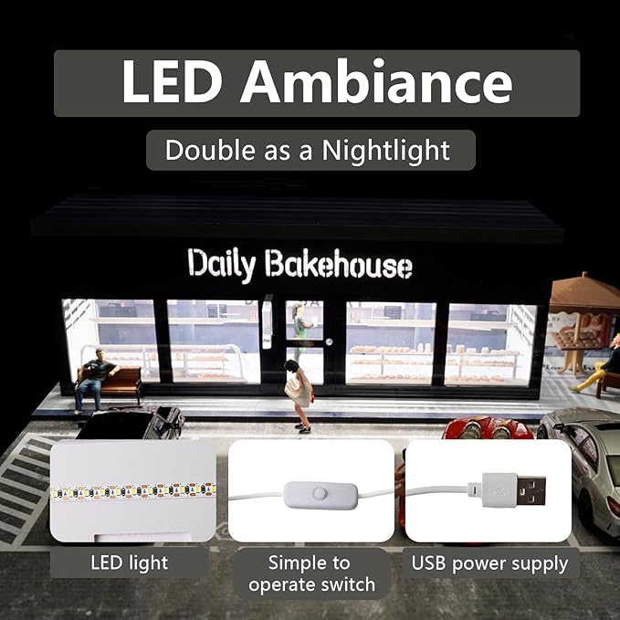 1/64 Model Car Display Shop Case for Adults, Premium in-House-Design Scale Diecast Parking Garage for Toy Cars, Toys Car Garage, Scenic Diorama Display Car Park with ith LED Lamps, Gifts for Men