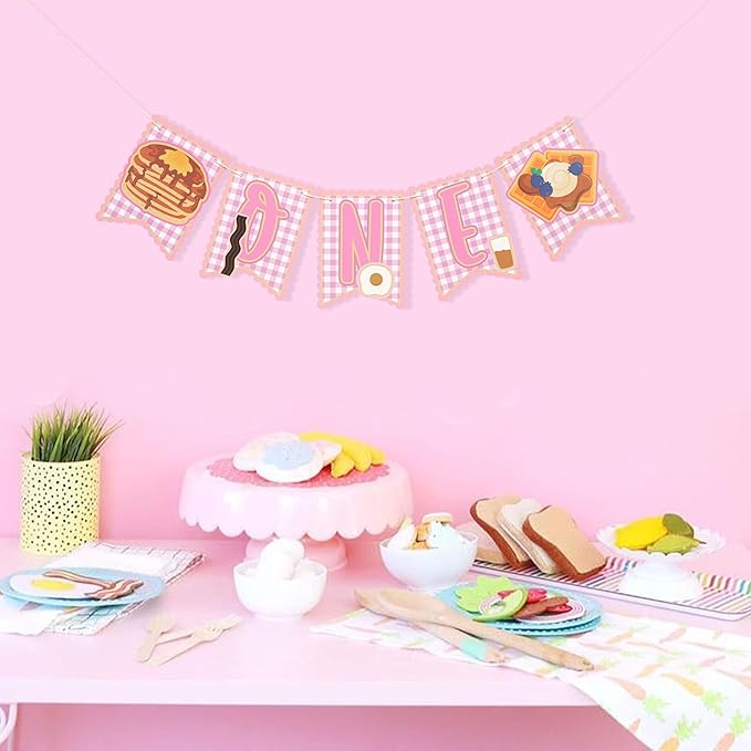 Brunch 1st Birthday HighChair Banner - Breakfast First Birthday Decoration, Pancakes and Pajamas Party Supplies, Breakfast Food Banner, Pancake and Waffle Cake Smash Photo Props (Pink Brunch Banner)