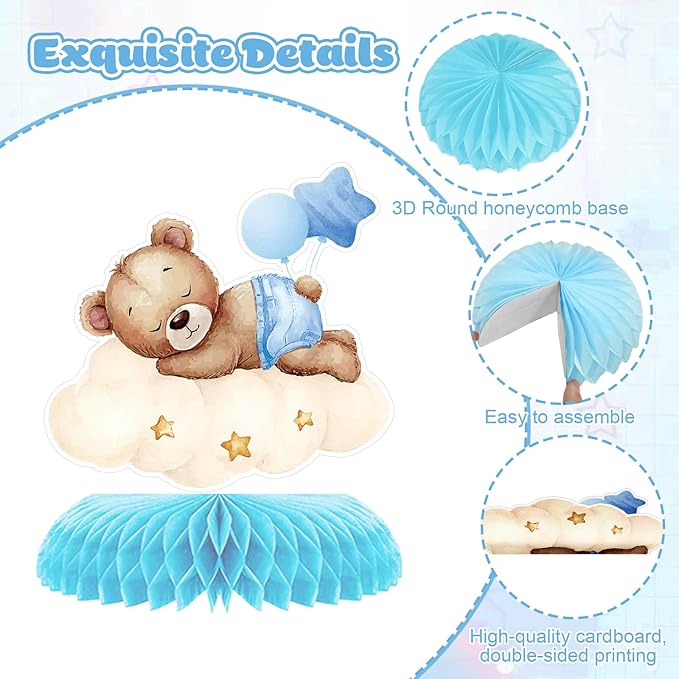 Tarklanda 12 Pcs Bear Baby Shower Honeycomb Centerpieces 3D Table Toppers Teddy Bear Themed Honeycomb Decoration for Birthday Wedding Gender Neutral Party Supplies (Blue Bear)