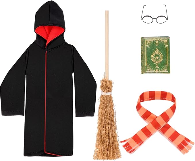 Doll Clothing Wizard Robe for Doll Christmas Elf Doll Costume Halloween Elf Clothing Dress up Accessories Includes Broom, Scarf, Mini Glasses, Mini Blank Book.