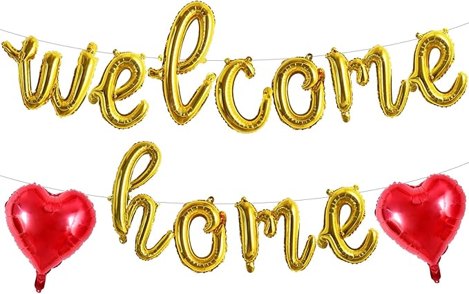 TONIFUL Welcome Home Balloons,Gold Cursive Welcome Home Foil Balloons Banner 16 Inch Welcome Home Party Decorations for Homecoming Party Decorations House Warming Party Family Gathering Supplies
