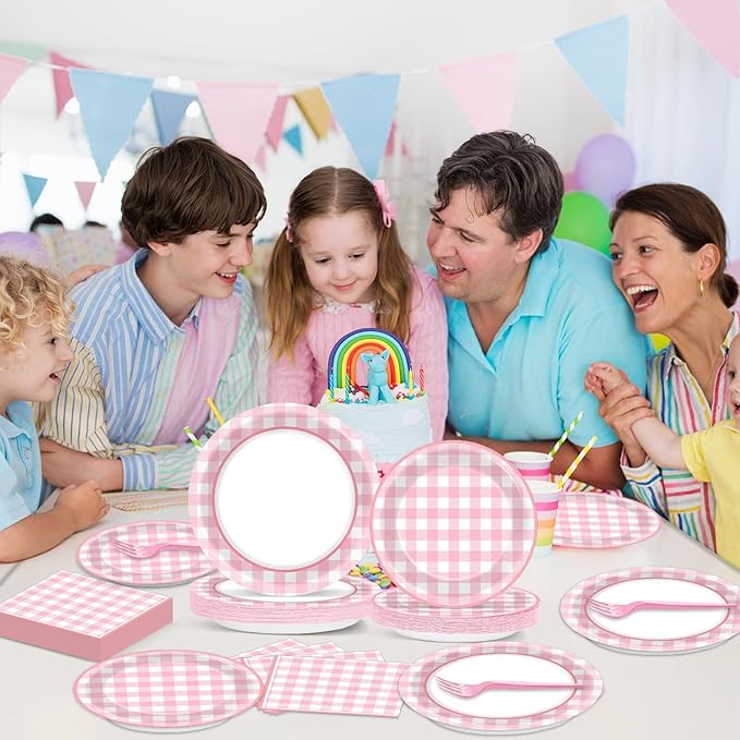 ZOIIWA 96 Pcs Pink Plaid Party Decoration for 24 Guests Pink And White Checkered Plates Party Supplies Plaid Birthday Tableware Outdoor Supplies Girls Barbecue Picnic Plates Napkins Decor