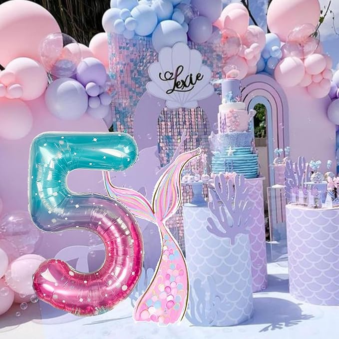 Mermaid Starry 5 Balloons, 40 Inch Giant Teal Blue Purple Mylar Foil Number 0-9 Helium Balloon for Girls, Self Inflating Rainbow 5th Birthday Balloon for Women Anniversary Party Decorations Supplies