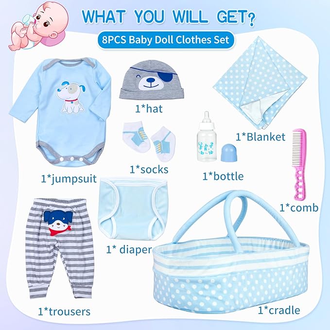 9 Pieces Reborn Baby Doll Clothes Blue Dog Doll Accessories Set for 17-22 Inch Reborn Baby Doll Clothing Gift Sets (Basket+ Blanket)