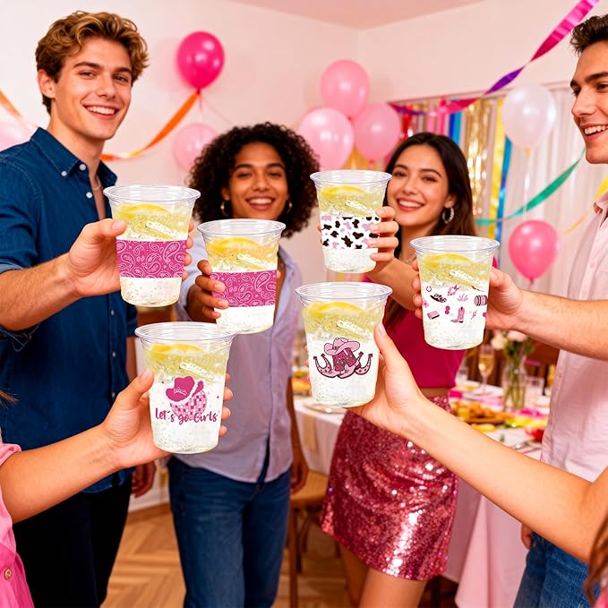50 Pcs Western Cowgirl Plastic Cups, 12 Oz Pink Disco Cowgirl Plastic Clear Disposable Drinking Cups for Western Party Decoration Cowgirl Birthday Wedding Party Supplies