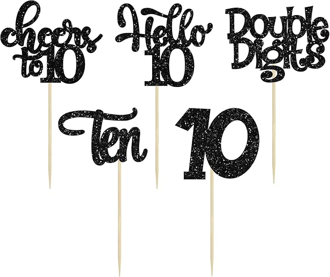 30Pcs 10th Birthday Cupcake Toppers Ten Double Hello 10 Cupcake Picks Cheers to 10 Years Old Cake Decorations for 10th Birthday Party Supplies Black Glitter