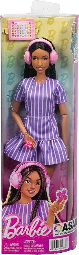 Barbie Fashionistas Doll #245, Autistic Doll Wearing Purple Striped Dress with Accessories Like Fidget Spinner, Tablet and Headphones