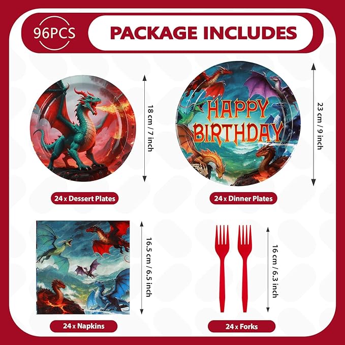 Grencian 96Pcs Dragon Birthday Party Supplies - Red Fire Dragon Party Plates and Napkins Disposable Dragons Theme Dessert Tableware Set for Kids Boys Fantasy Birthday Supplies Serves 24