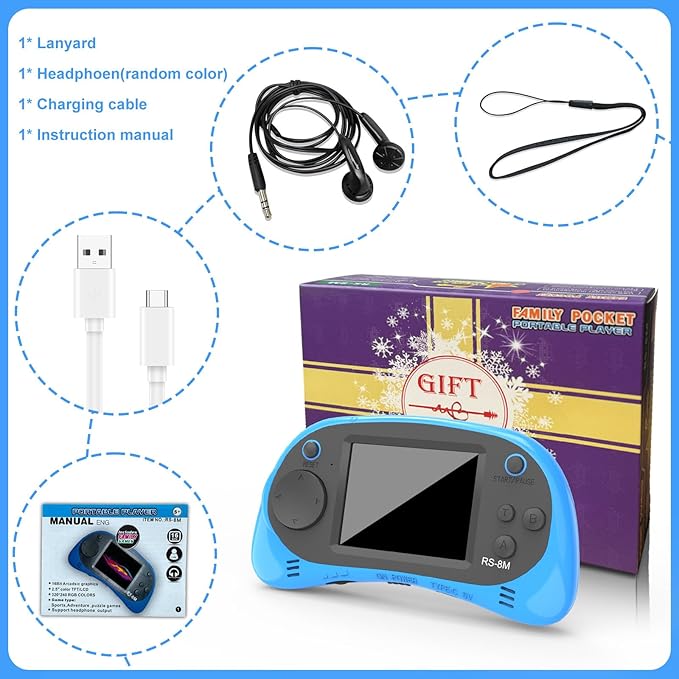 Handheld Games for Kids -16 Bit Retro Video Game with 220 HD Electronic Games - 2.5'' IPS Portable Travel Game Gifts for Boys Girls Ages 4-12 (Blue)
