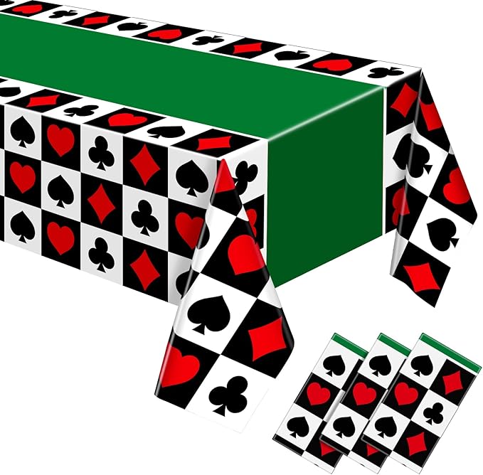 Hosuly 3 Pcs Casino Theme Party Decorations Poker Tablecloth Poker Plastic Disposable Table Cover Casino Theme Tablecloth for Game Birthday Playing Card Party Picnic Supplies, 51 x 108 Inch (Green)