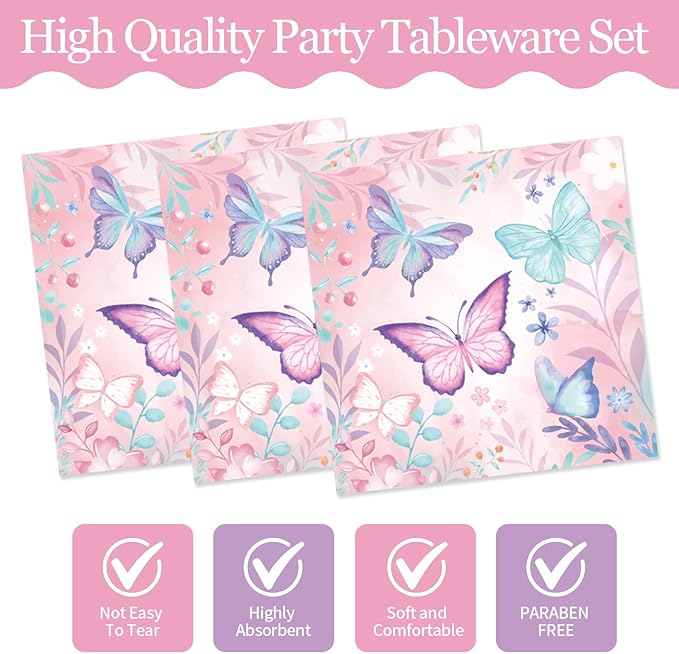 72Pcs Butterfly Plates and Napkins, Butterfly Birthday Paper Plates and Napkins with Forks Disposable Tableware Set for Girl Butterfly Birthday Decorations