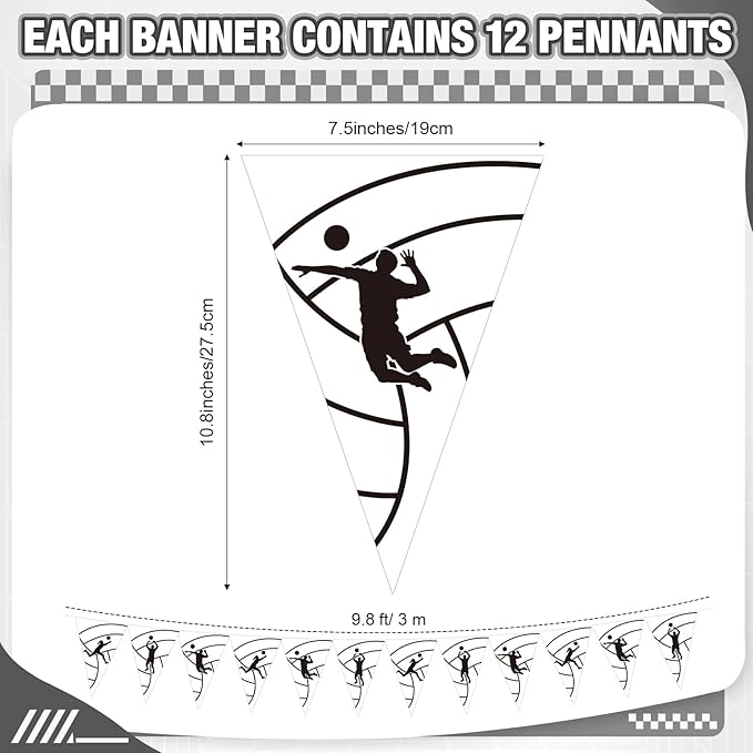 Jetec 5 Pack Volleyball Party Decorations - 49 Ft Sports Pennant Banner Flags for Senior Night, Team Banquet, Birthday Supplies - Black & White Triangle Garland for Indoor Outdoor Decor