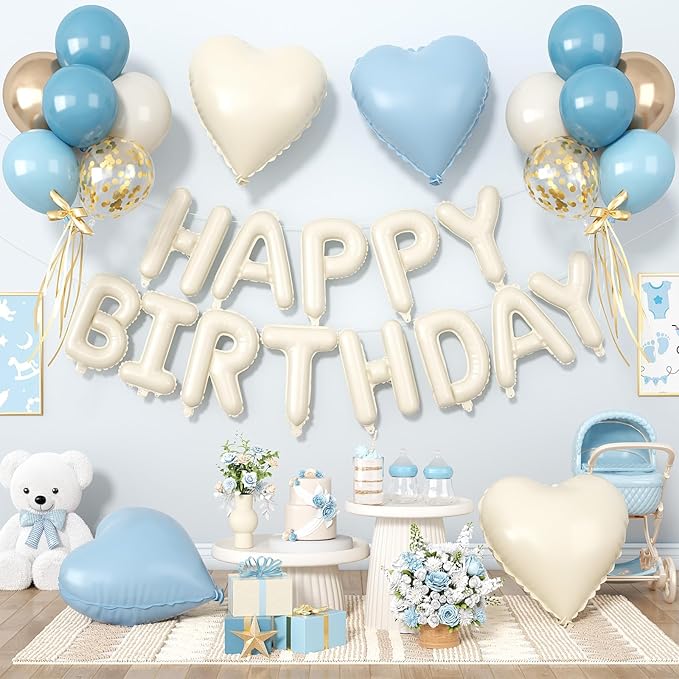 29PC Blue Heart Happy Birthday Balloon Banner, 16Inch 3D Aluminum Letter Banner Sign, Dusty Blue Metallic Gold Sand White Balloon 18 Inch Heart Foil Balloons for Boy Baby Shower Decorations