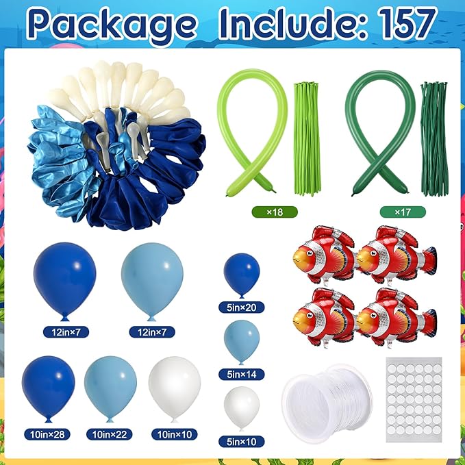 Gejoy 157 Pcs Under The Sea Balloon Decor Kit Ocean Party Baby Shower Decorations, Latex Blue Clear Bubble Green Orange Balloons Aluminum Clownfish for Under Sea Birthday Wedding Stage Party Supplies