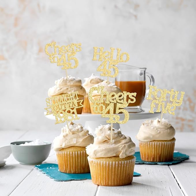 Ephlyn 24Pcs 45th Birthday Cupcake Toppers Glitter Straight Outta 1981 Cupcake Picks Hello 45 Cheers to 45 Years Cake Decorations for 45th Birthday Anniversary Party Decorations Supplies Gold