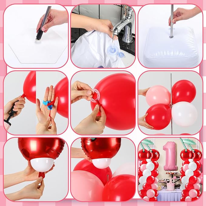 Kasyat 2 Set Cherry Balloon Column Stand Kit with Adjustable Balloon Arch Kit Red Cherry Party Supplies for Girls Summer Fruit Wedding Baby Shower Birthday Party Supplies